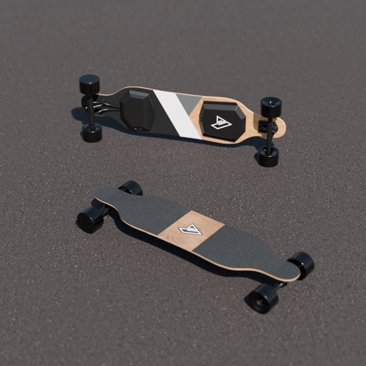 Refined production render of the Mevot electric longboard