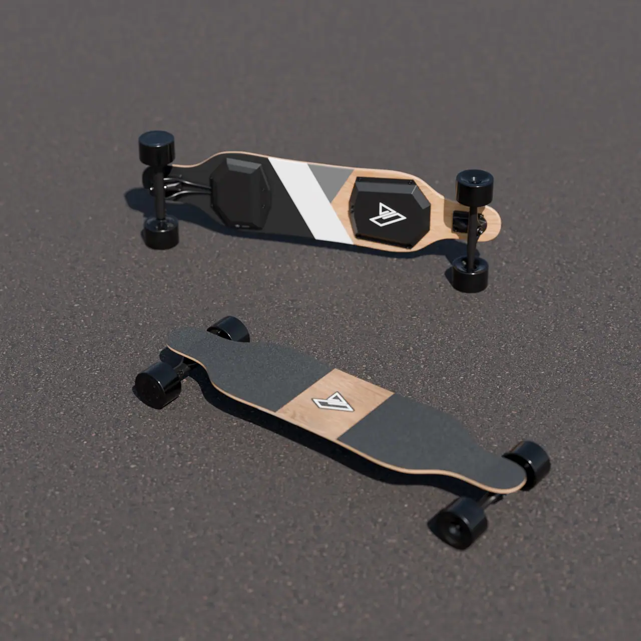 A computer render of two longboards on dark asphalt: one upside down, showing a black battery enclosure and a white and grey diagonal stripe; one face up, with grip tape and a wooden panel carrying the MEVOT mark.